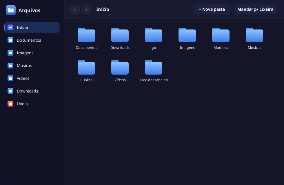 Programa Arquivos do Wêbba com as pastas Documentos, Imagens e Músicas