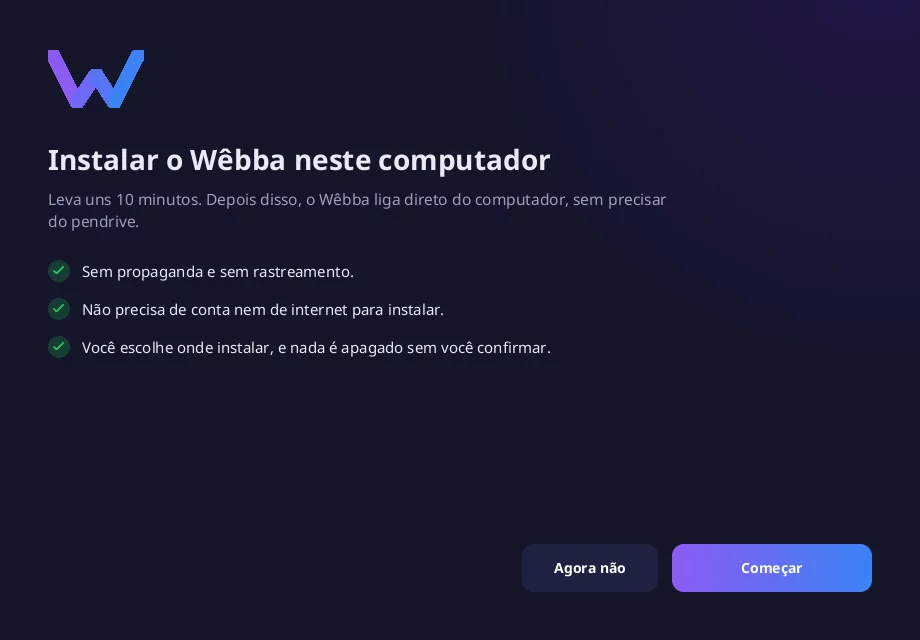 Tela inicial do instalador do Wêbba