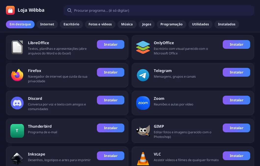 Loja Wêbba mostrando LibreOffice, Firefox, Telegram, Zoom e outros programas
