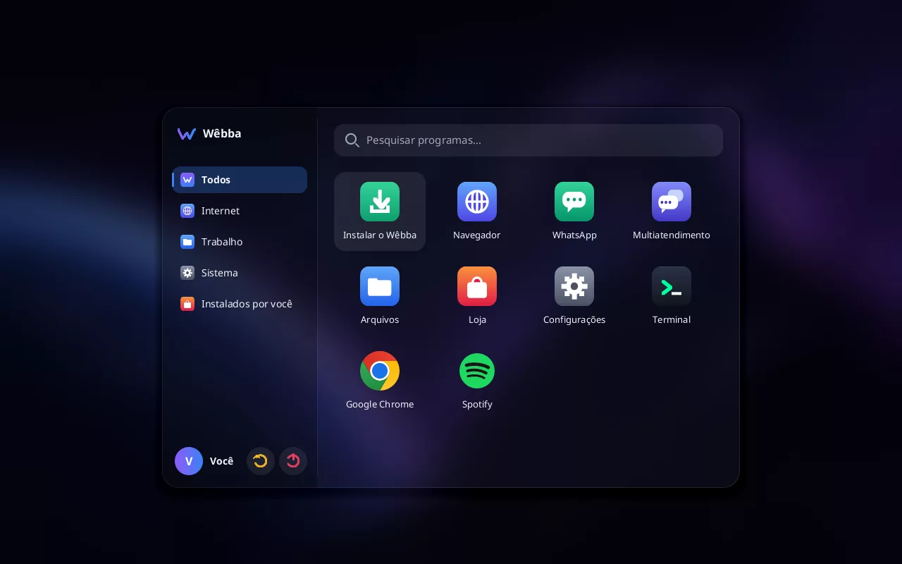 Menu Início do Wêbba com busca e programas